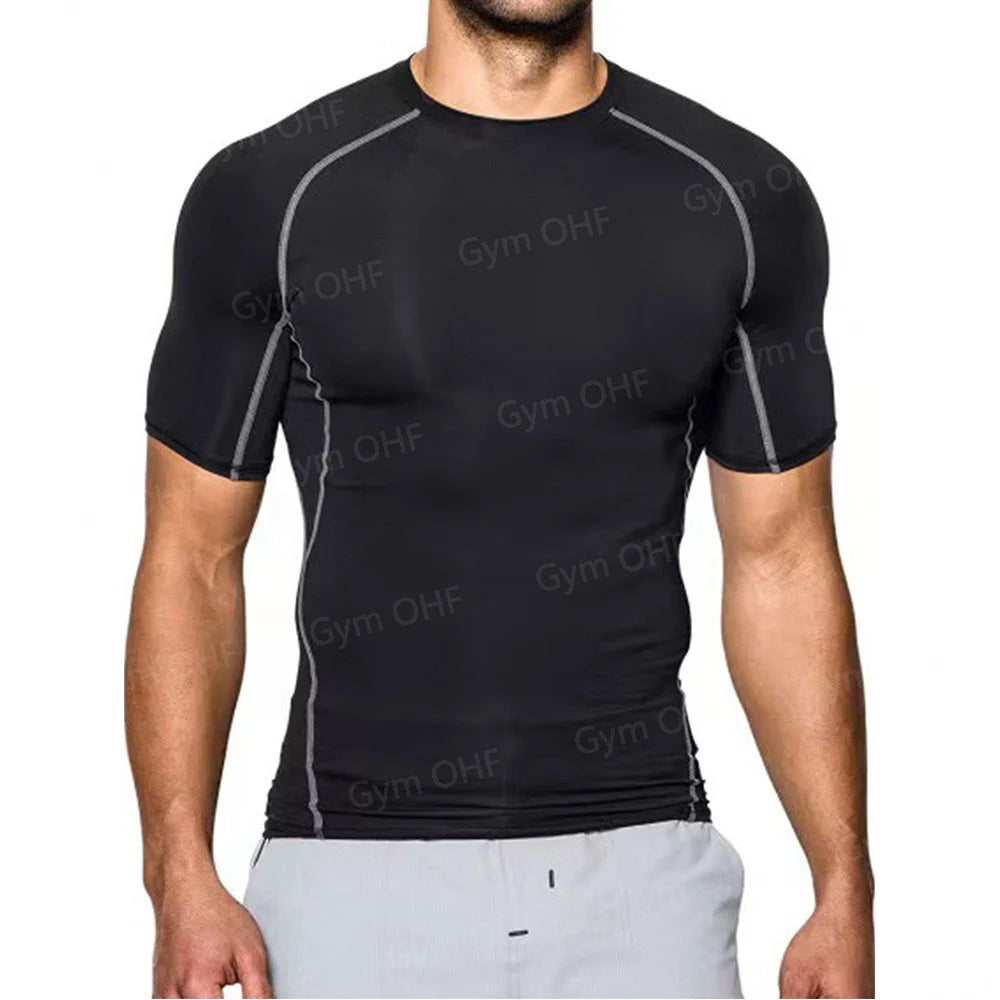 Men's Solid Color Short Sleeved T-shirt Compressed Quick Drying Breathable Training Suit Fitness Jujitsu Rashguard Top Gym Sport