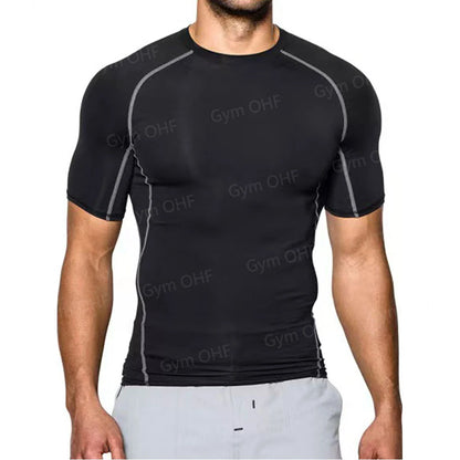 Men's Solid Color Short Sleeved T-shirt Compressed Quick Drying Breathable Training Suit Fitness Jujitsu Rashguard Top Gym Sport