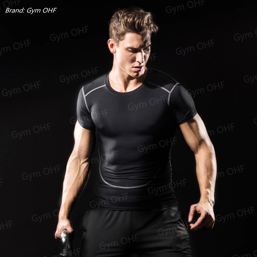 Men's Solid Color Short Sleeved T-shirt Compressed Quick Drying Breathable Training Suit Fitness Jujitsu Rashguard Top Gym Sport