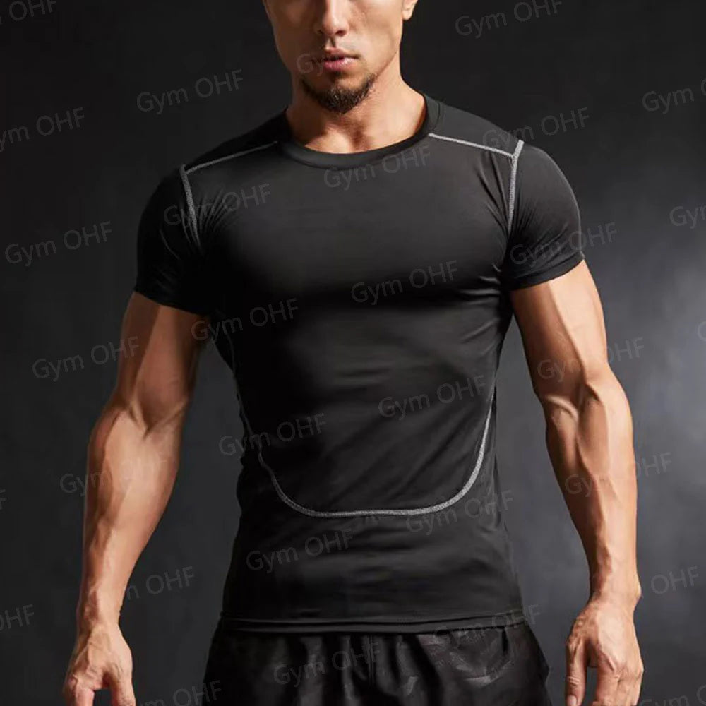 Men's Solid Color Short Sleeved T-shirt Compressed Quick Drying Breathable Training Suit Fitness Jujitsu Rashguard Top Gym Sport