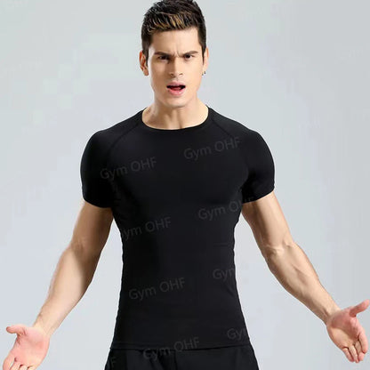 Men's Solid Color Short Sleeved T-shirt Compressed Quick Drying Breathable Training Suit Fitness Jujitsu Rashguard Top Gym Sport