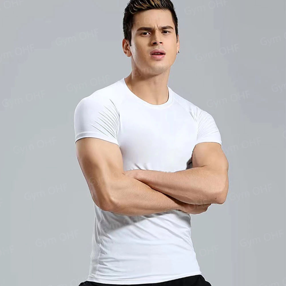 Men's Solid Color Short Sleeved T-shirt Compressed Quick Drying Breathable Training Suit Fitness Jujitsu Rashguard Top Gym Sport