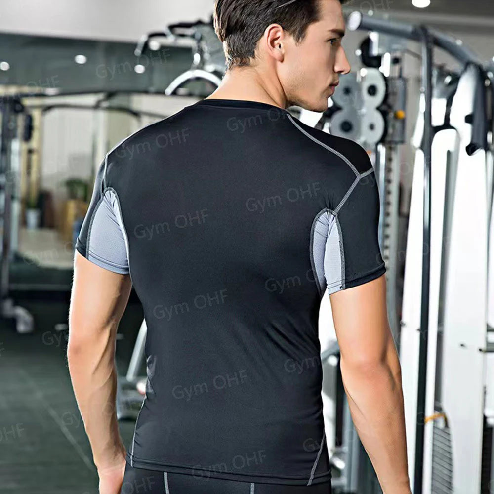 Men's Solid Color Short Sleeved T-shirt Compressed Quick Drying Breathable Training Suit Fitness Jujitsu Rashguard Top Gym Sport