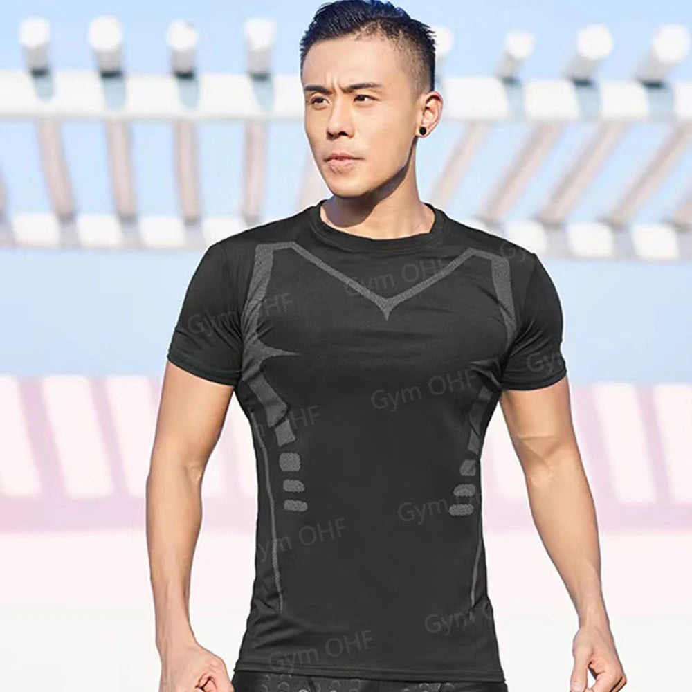 Men's Solid Color Short Sleeved T-shirt Compressed Quick Drying Breathable Training Suit Fitness Jujitsu Rashguard Top Gym Sport