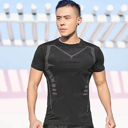 Men's Solid Color Short Sleeved T-shirt Compressed Quick Drying Breathable Training Suit Fitness Jujitsu Rashguard Top Gym Sport