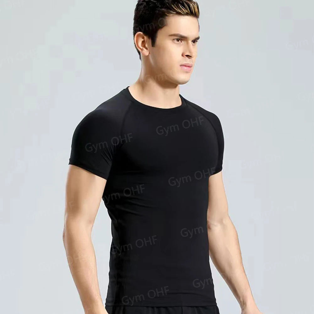 Men's Solid Color Short Sleeved T-shirt Compressed Quick Drying Breathable Training Suit Fitness Jujitsu Rashguard Top Gym Sport