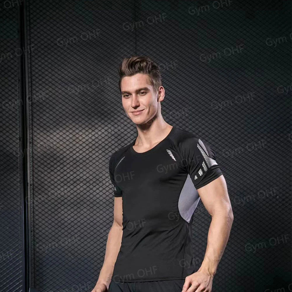 Men's Solid Color Short Sleeved T-shirt Compressed Quick Drying Breathable Training Suit Fitness Jujitsu Rashguard Top Gym Sport