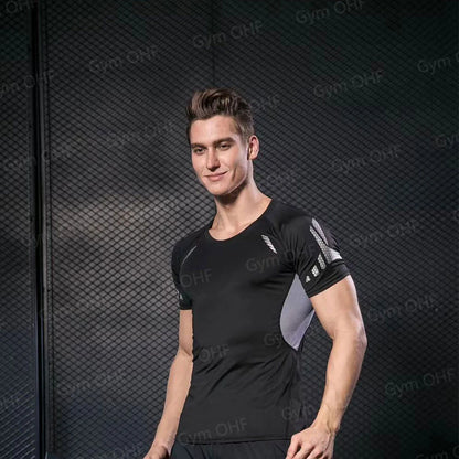 Men's Solid Color Short Sleeved T-shirt Compressed Quick Drying Breathable Training Suit Fitness Jujitsu Rashguard Top Gym Sport